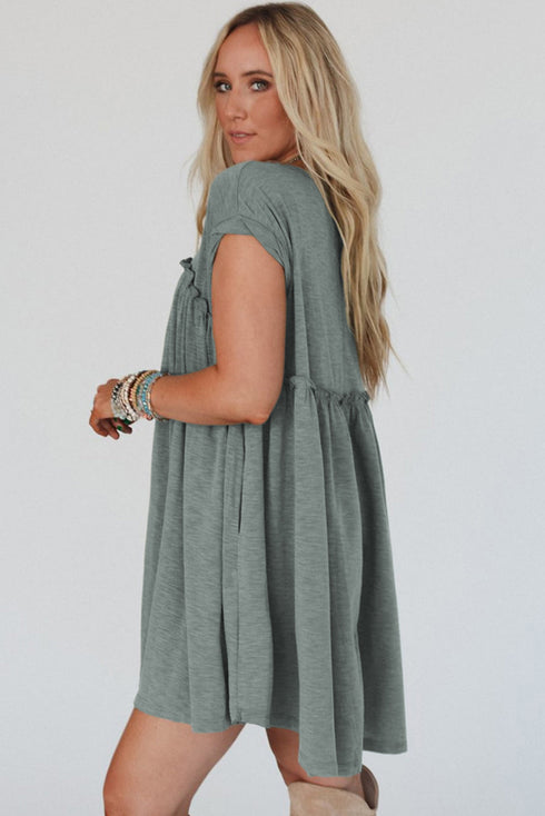 Frilled Gathe Seam Round Neck T Shirt Dress