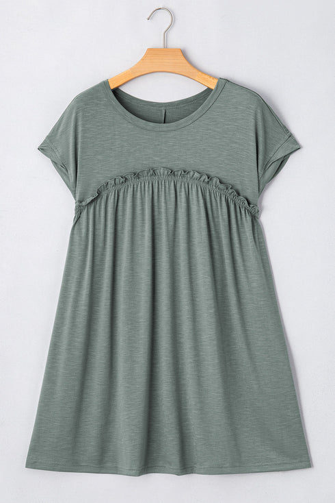 Frilled Gathe Seam Round Neck T Shirt Dress