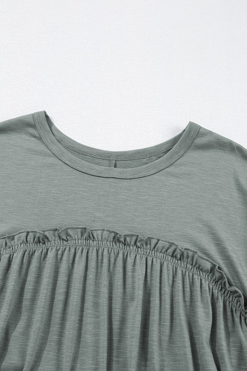 Frilled Gathe Seam Round Neck T Shirt Dress