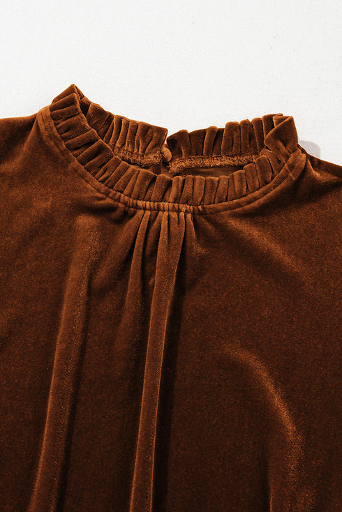 Frilled High Neck Long Puff Sleeve Velvet Top