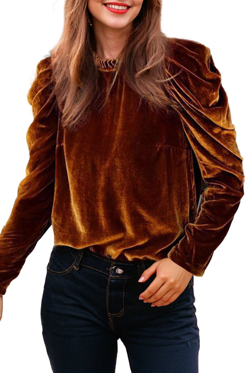 Frilled High Neck Long Puff Sleeve Velvet Top