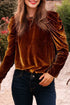 Frilled High Neck Long Puff Sleeve Velvet Top