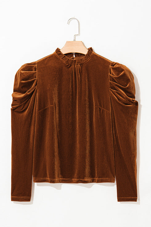 Frilled High Neck Long Puff Sleeve Velvet Top