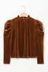 Frilled High Neck Long Puff Sleeve Velvet Top