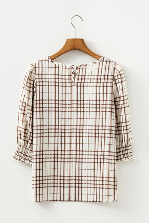Frilled High Neck Plaid Print Puffy Sleeve Woven Blouse