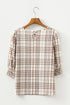 Frilled High Neck Plaid Print Puffy Sleeve Woven Blouse