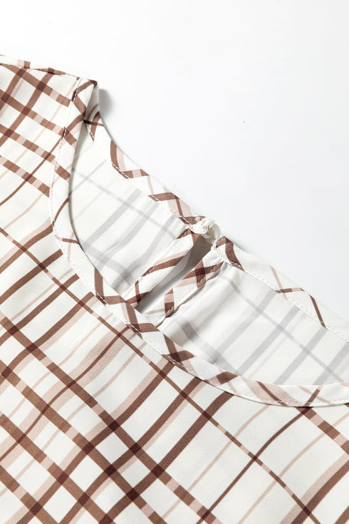 Frilled High Neck Plaid Print Puffy Sleeve Woven Blouse