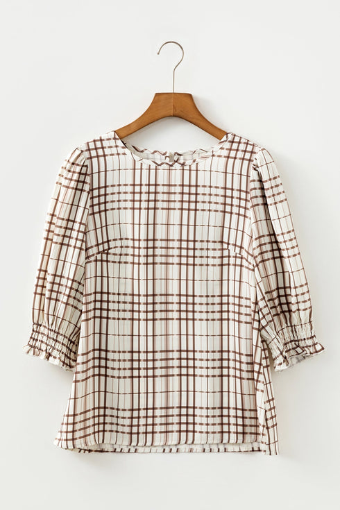 Frilled High Neck Plaid Print Puffy Sleeve Woven Blouse