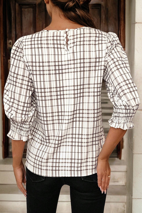 Frilled High Neck Plaid Print Puffy Sleeve Woven Blouse
