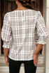 Frilled High Neck Plaid Print Puffy Sleeve Woven Blouse