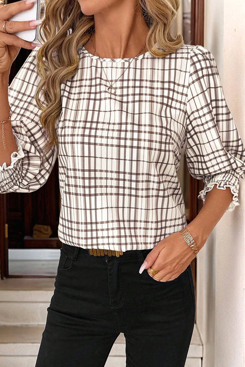 Frilled High Neck Plaid Print Puffy Sleeve Woven Blouse