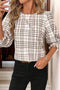 Frilled High Neck Plaid Print Puffy Sleeve Woven Blouse