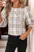 Frilled High Neck Plaid Print Puffy Sleeve Woven Blouse