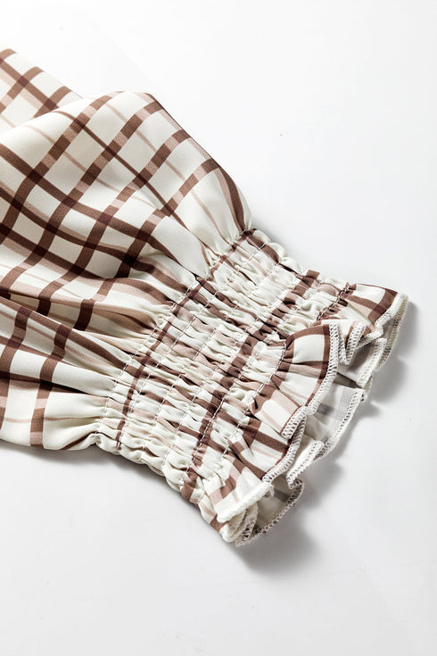 Frilled High Neck Plaid Print Puffy Sleeve Woven Blouse