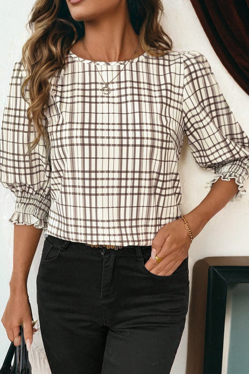 Frilled High Neck Plaid Print Puffy Sleeve Woven Blouse