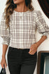 Frilled High Neck Plaid Print Puffy Sleeve Woven Blouse