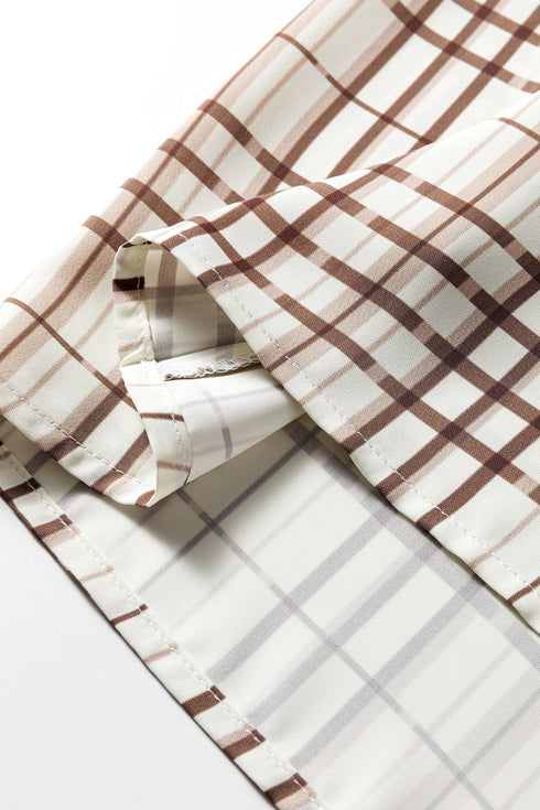 Frilled High Neck Plaid Print Puffy Sleeve Woven Blouse
