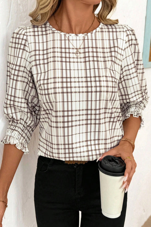 Frilled High Neck Plaid Print Puffy Sleeve Woven Blouse