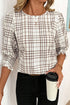 Frilled High Neck Plaid Print Puffy Sleeve Woven Blouse