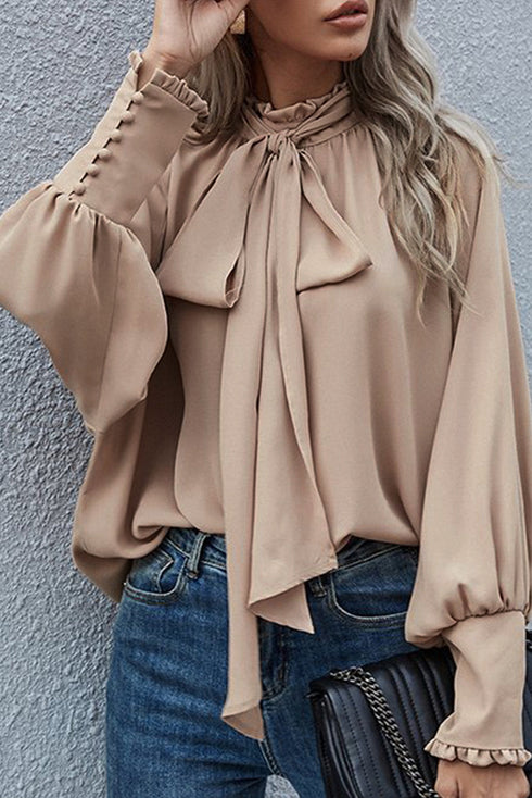 Frilled Knotted Mock Neck Bishop Sleeve Blouse