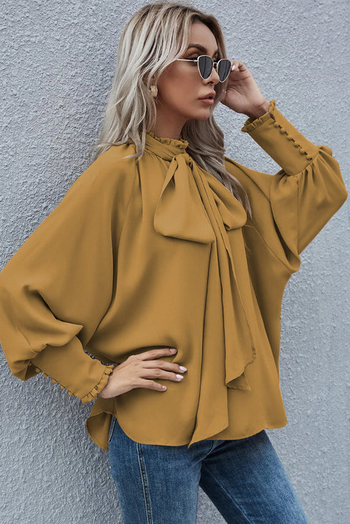 Frilled Knotted Mock Neck Bishop Sleeve Blouse