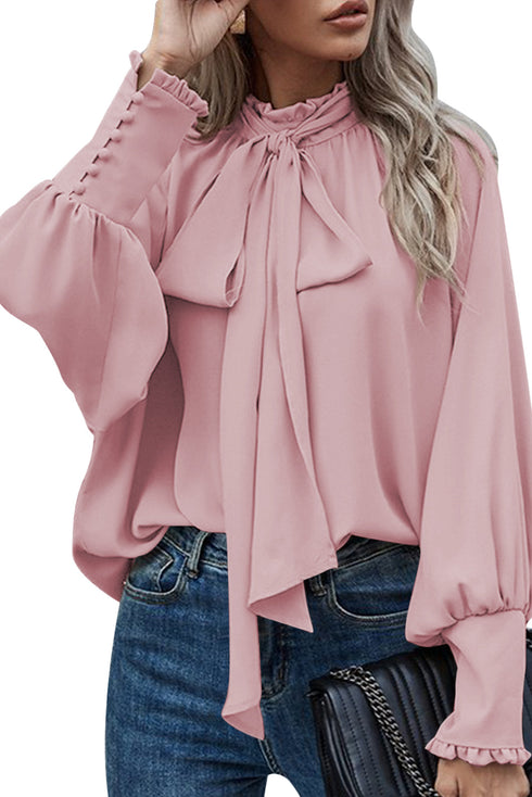 Frilled Knotted Mock Neck Bishop Sleeve Blouse