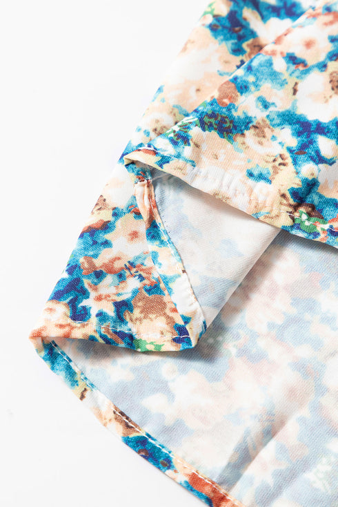 Frilled Mock Neck Floral Print Puff Sleeve Blouse