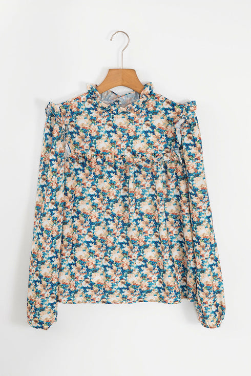 Frilled Mock Neck Floral Print Puff Sleeve Blouse