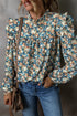 Frilled Mock Neck Floral Print Puff Sleeve Blouse