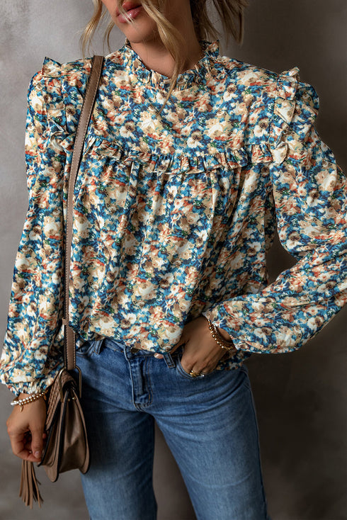 Frilled Mock Neck Floral Print Puff Sleeve Blouse