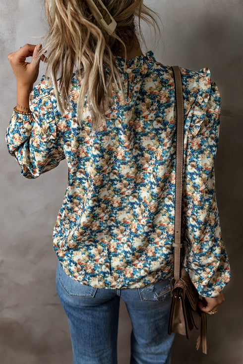 Frilled Mock Neck Floral Print Puff Sleeve Blouse