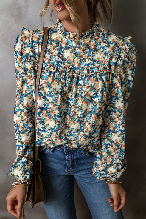 Frilled Mock Neck Floral Print Puff Sleeve Blouse