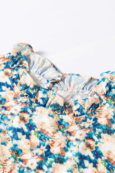 Frilled Mock Neck Floral Print Puff Sleeve Blouse