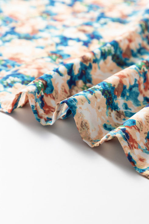 Frilled Mock Neck Floral Print Puff Sleeve Blouse