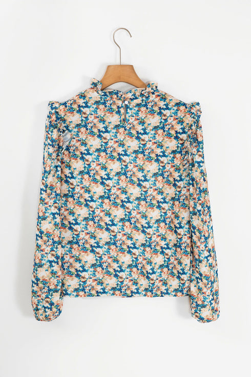 Frilled Mock Neck Floral Print Puff Sleeve Blouse