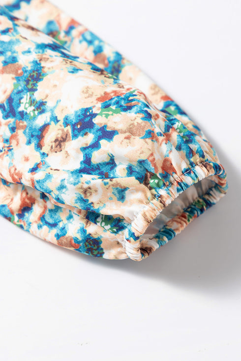 Frilled Mock Neck Floral Print Puff Sleeve Blouse