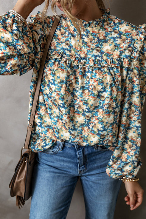 Frilled Mock Neck Floral Print Puff Sleeve Blouse