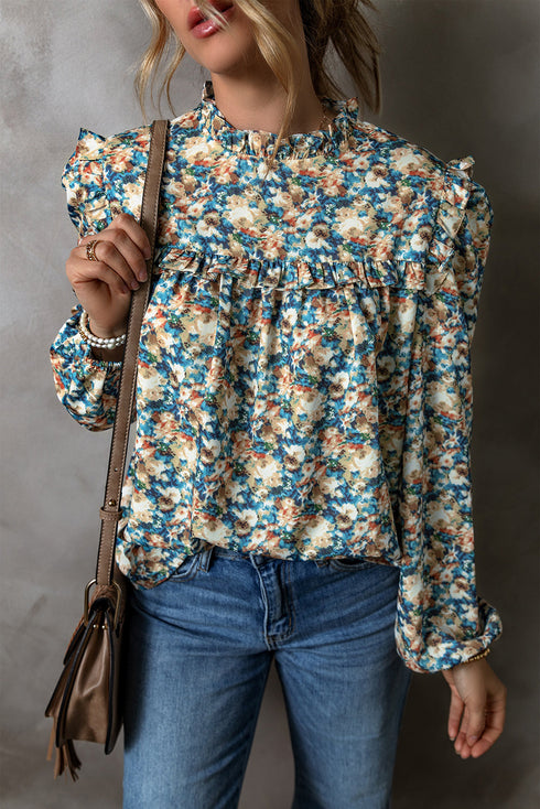 Frilled Mock Neck Floral Print Puff Sleeve Blouse