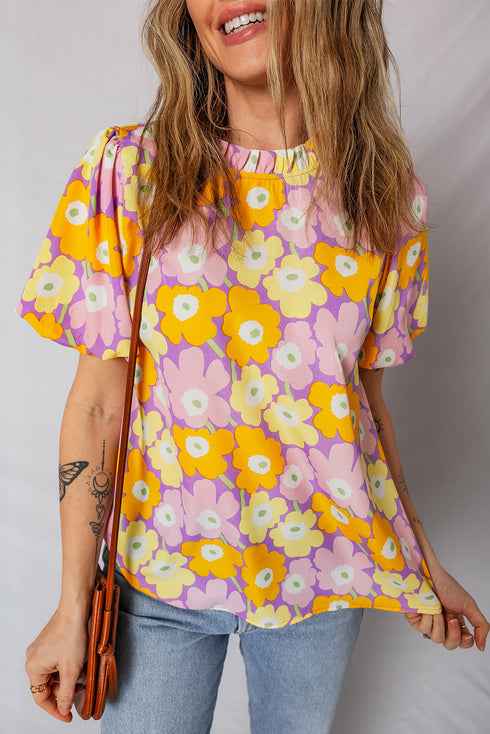 Frilled Mock Neck Puff Sleeve Floral Woven Blouse