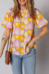Frilled Mock Neck Puff Sleeve Floral Woven Blouse