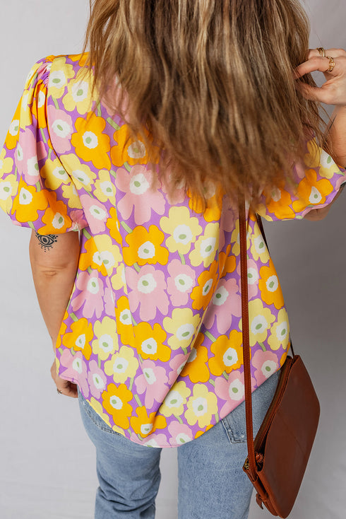 Frilled Mock Neck Puff Sleeve Floral Woven Blouse