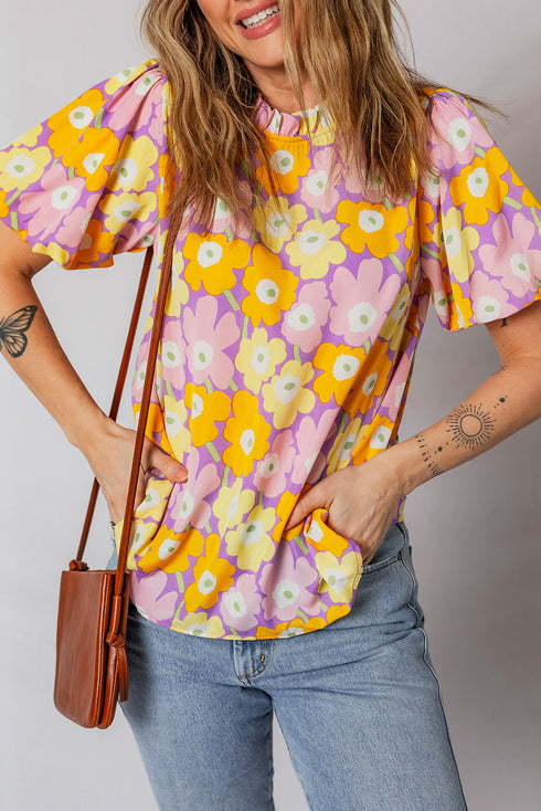 Frilled Mock Neck Puff Sleeve Floral Woven Blouse
