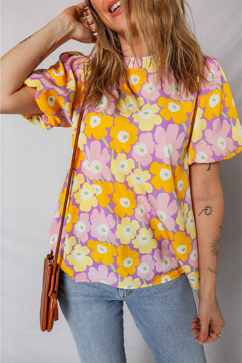 Frilled Mock Neck Puff Sleeve Floral Woven Blouse