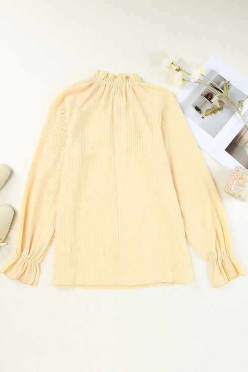 Frilled Mock Neck Ripple Bubble Sleeve Blouse
