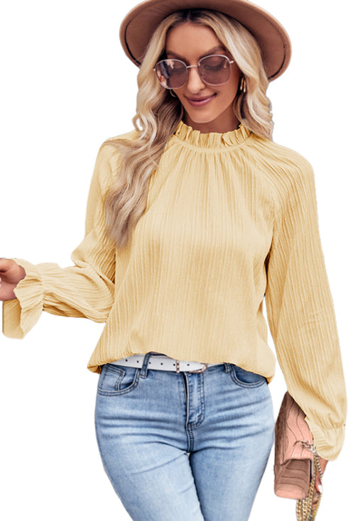Frilled Mock Neck Ripple Bubble Sleeve Blouse
