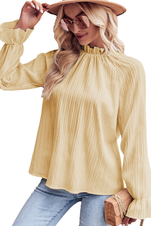 Frilled Mock Neck Ripple Bubble Sleeve Blouse