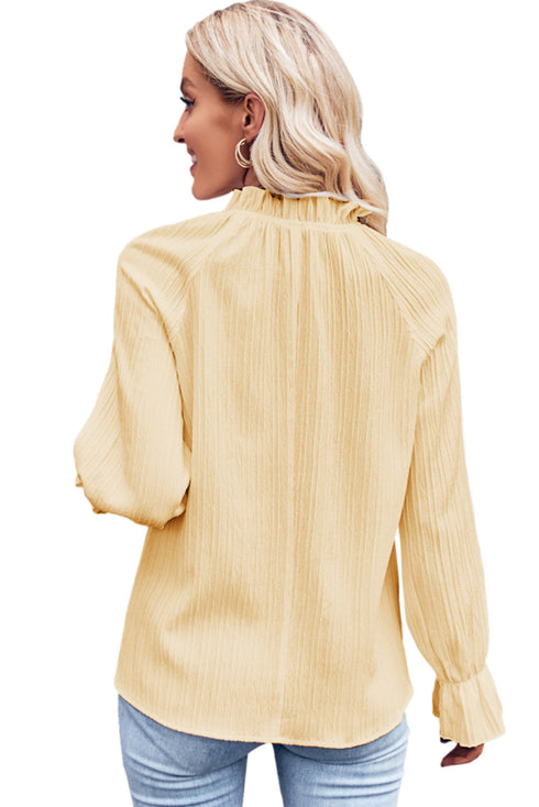 Frilled Mock Neck Ripple Bubble Sleeve Blouse