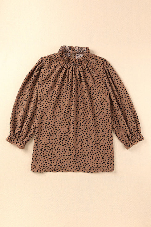 Frilled Neck 3/4 Sleeves Cheetah Blouse