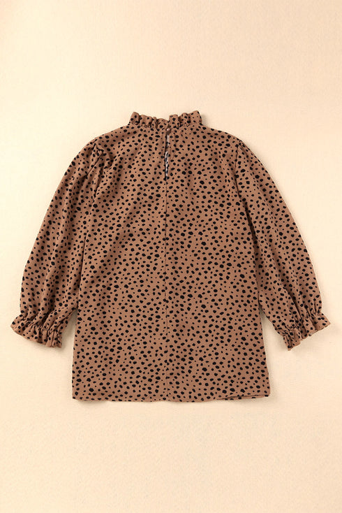 Frilled Neck 3/4 Sleeves Cheetah Blouse