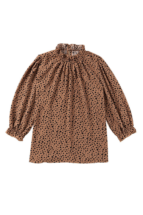 Frilled Neck 3/4 Sleeves Cheetah Blouse